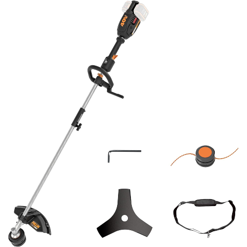 hochwertiger Premium Rasentrimmer, mit Akku, Doppelfaden und Trennscheibe, praktischer Schultergurt