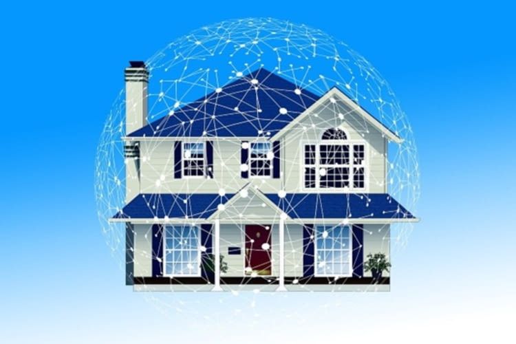 Smartes Haus umgeben von digitalem Netzwerk, das Konnektivität und Technologieintegration darstellt.