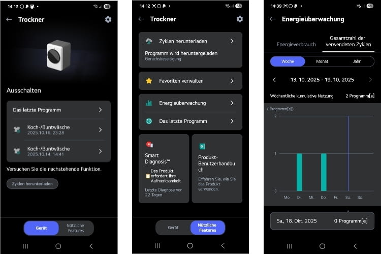 Die LG gibt einen Überblick über die verbrauchte Energie, den Trocknungsfortschritt und es lassen sich zusätzliche Programme herunterladen