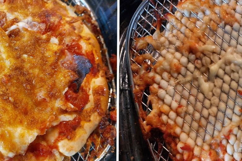 Hier ist links die Pizzaoberseite, rechts die noch rohe Unterseite zu sehen