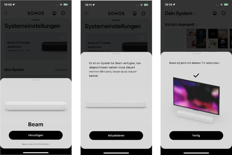 Bei der Einrichtung wurde die Beam automatisch gefunden und die Einrichtung verlief ohne Probleme