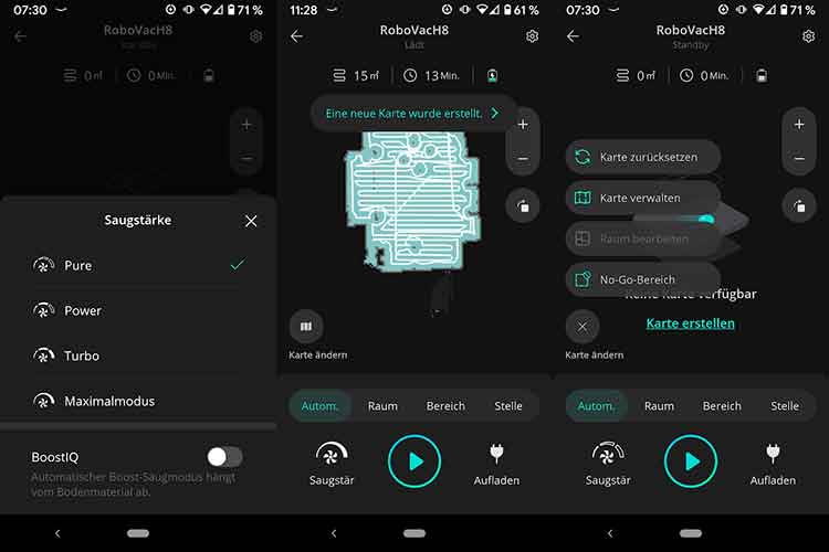 Die EufyHome App ist intuitiv zu bedienen: Saugstärke einstellen (li.), Reinigungsverlauf in Echtzeit verfolgen (mi.) und Karten verwalten (re.)