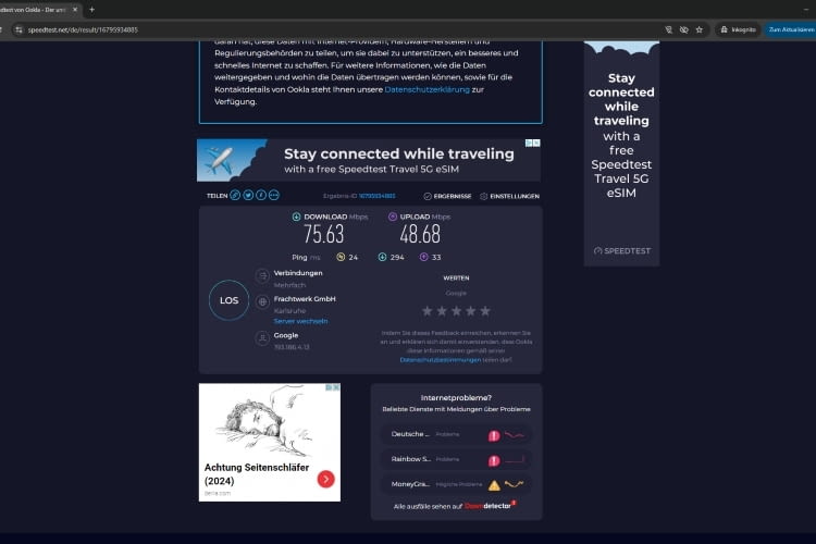 Der Speedtest aus unserem Büro in Karlsruhe