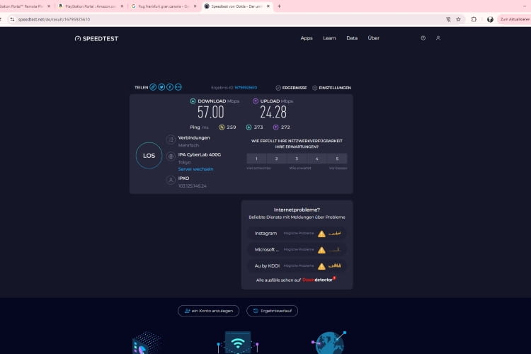 Der Speedtest mit der Verbindung in Tokyo