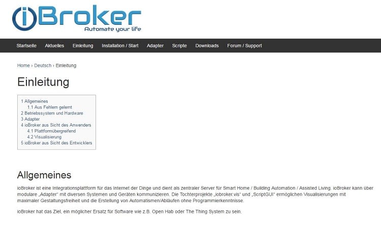 Startseite der IoBroker OpenSource-Plattform
