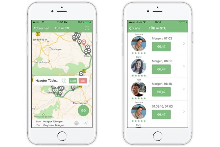 Die MatchRiderGO-App zeigt an, welche Strecken angeboten werden und listet die Fahrten übersichtlich auf