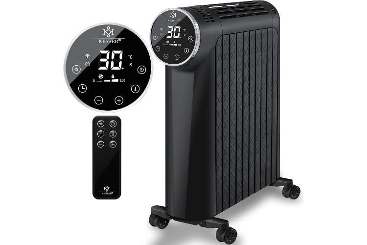 Der Ölradiator von Kesser besitzt ein modernes LED-Display und ist mit Fernbedienung und App steuerbar