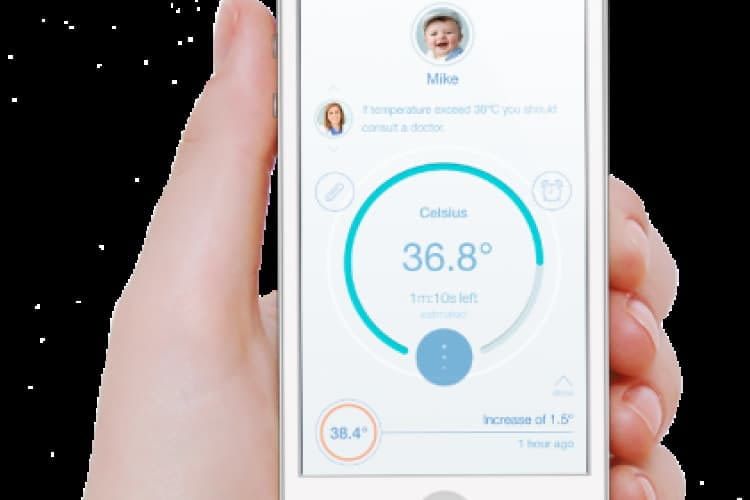 Smartphone Anwendung pacifier App zeigt die Temperatur eines Babys