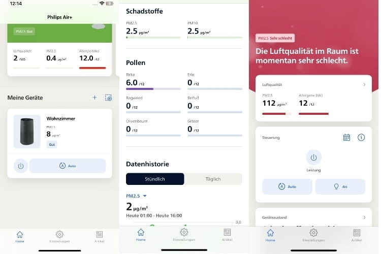 Die Philips-App mit Homebildschirm, Pollenflugvorhersage und aktueller Luftqualitä