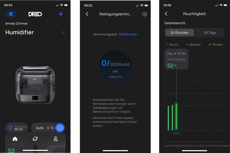 Reinigungserinnerung, Protokolle und Einstellungen der Dreo App erfuhren wir als sehr gelungen