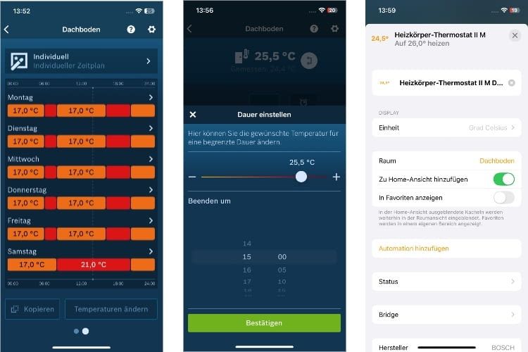 Zeitpläne lassen sich nur in der Bosch App erstellen. In HomeKit gibt es nur Standard-Funktionen