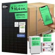 Bifiziale Solaranlage mit 10 kW Wechselrichter, zwei 5,1 kWh Batteriespeichern, App und WiFi sowie Zubehör.