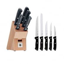 5 Messer aus rostfreiem Spezialstahl und gehärteter Klinge im Birkenholzblock. Ergonomische Griffe.