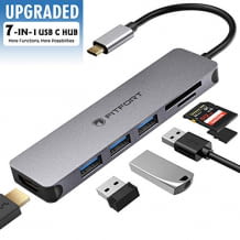 7-in-1 Dongle mit 3 USB 3.0-Anschlüssen, 4k HDMI-Ausgang und SD-Kartenleser. Kompatibel für Typ-C-Geräte.