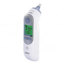 Infrarot-Markenthermometer mit vorgewärmter Messspitze, Positionierungshilfe und altersabhängiger Temperaturanzeige.